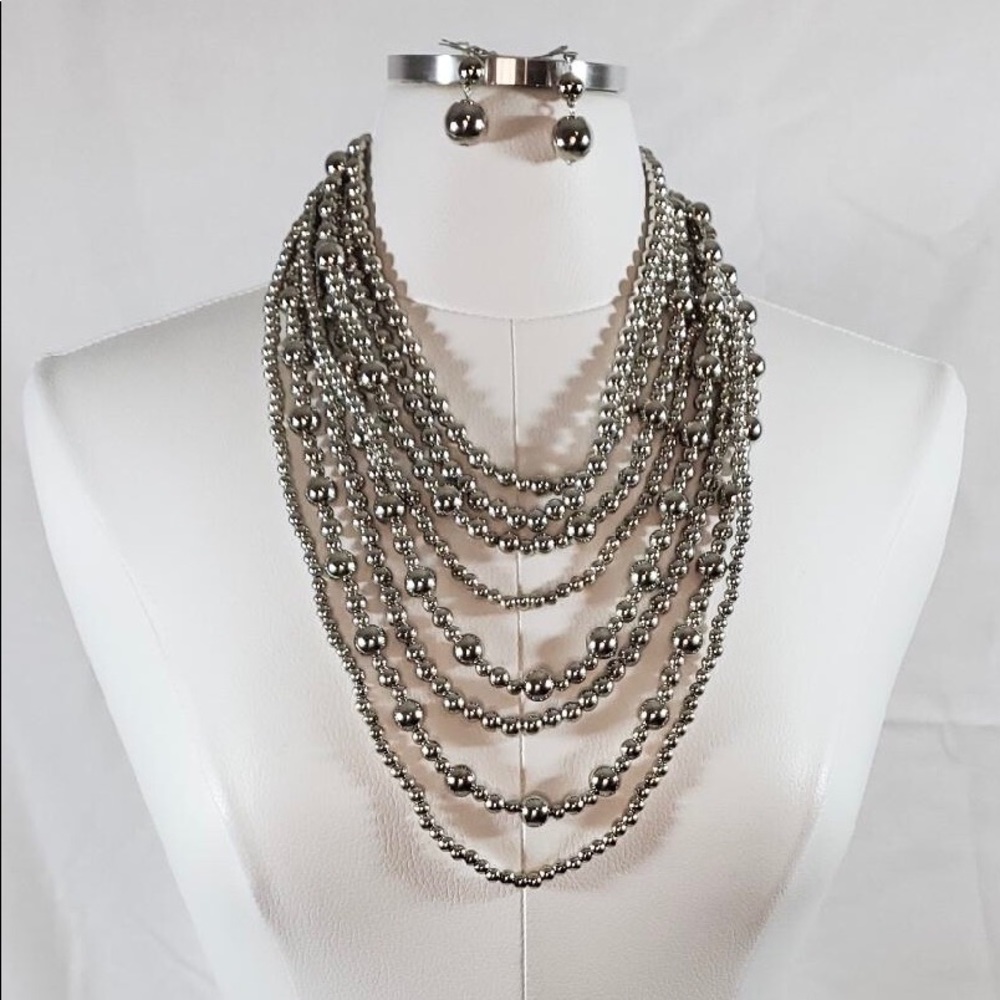 Silver Bead Multi-Layer Necklace Set